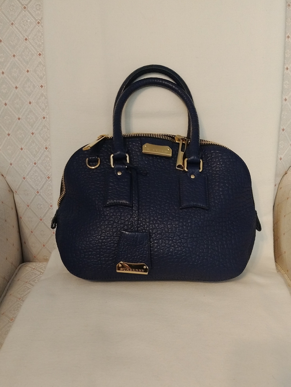 Burberry Navy Textured Dome Satchel with Gold Hardware